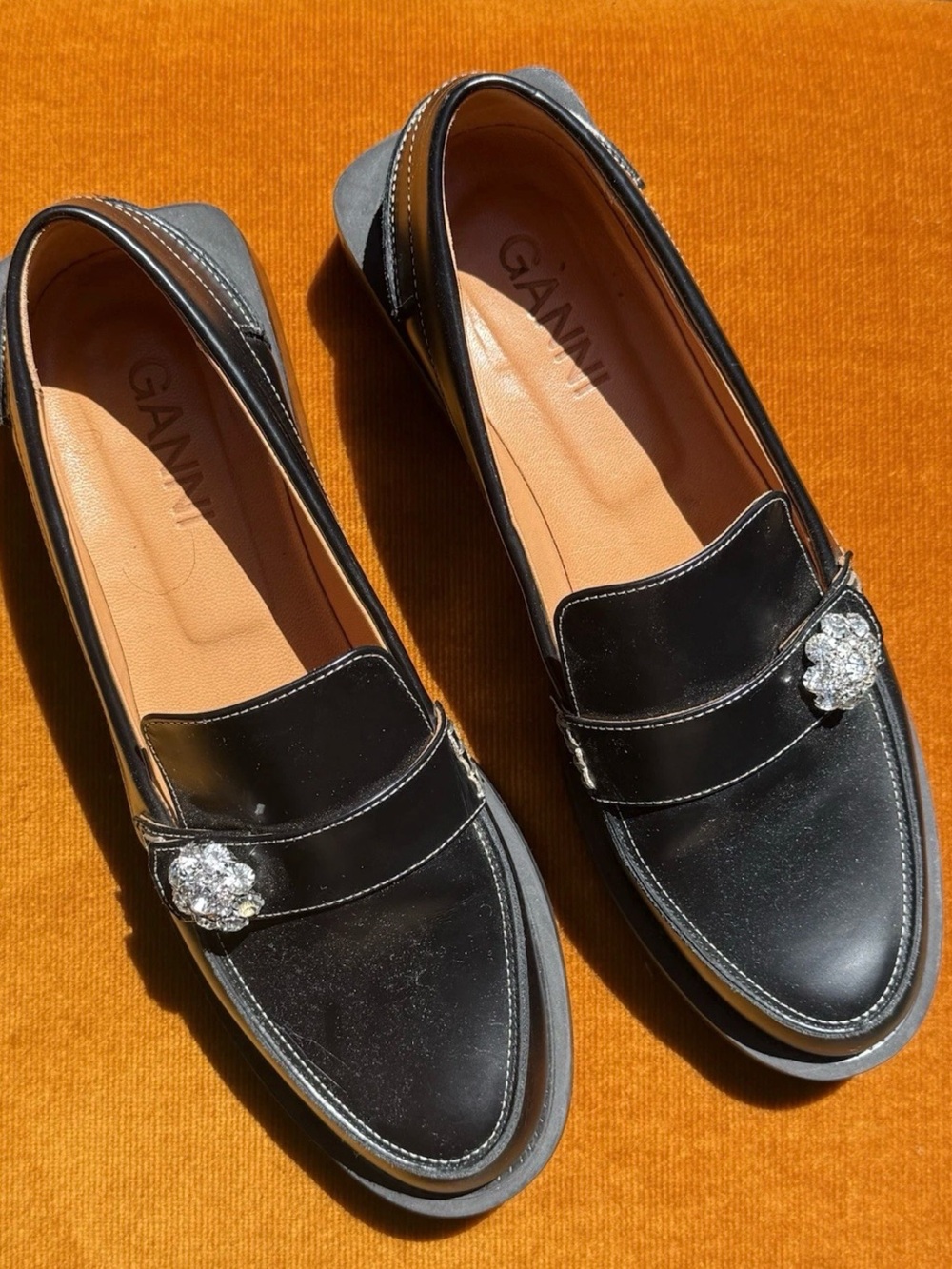 Ganni Black Leather Loafers with Crystal Accent